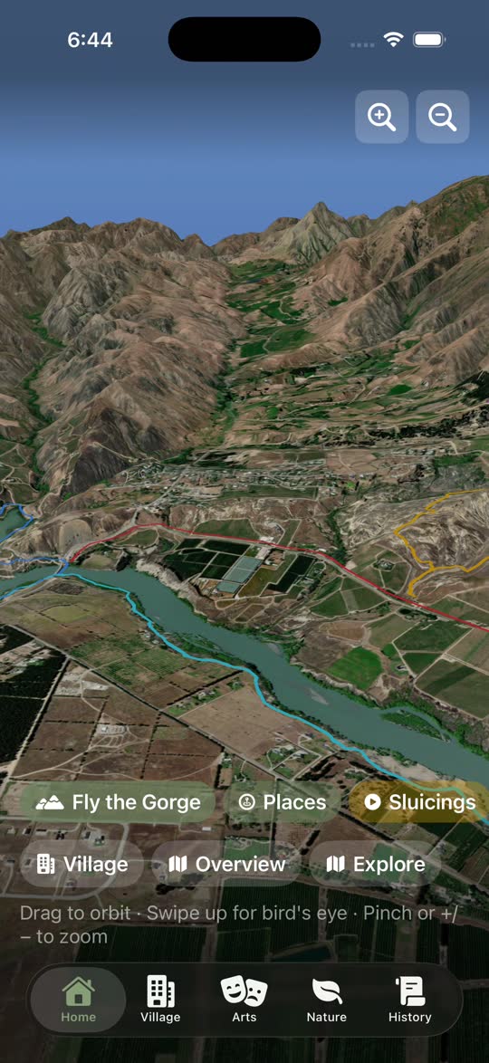 The Bannockburn App's 3D map: the Kawarau Gorge and Lake Dunstan rendered in satellite detail, with Fly the Gorge, Places and Sluicings controls.