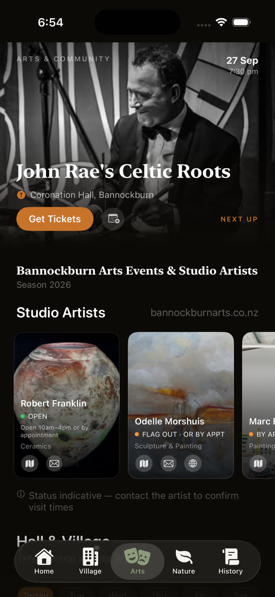 The Arts screen in the Bannockburn App: a featured concert, John Rae's Celtic Roots at Coronation Hall, above a row of studio-artist cards including ceramicist Robert Franklin and painter Odelle Morshuis.