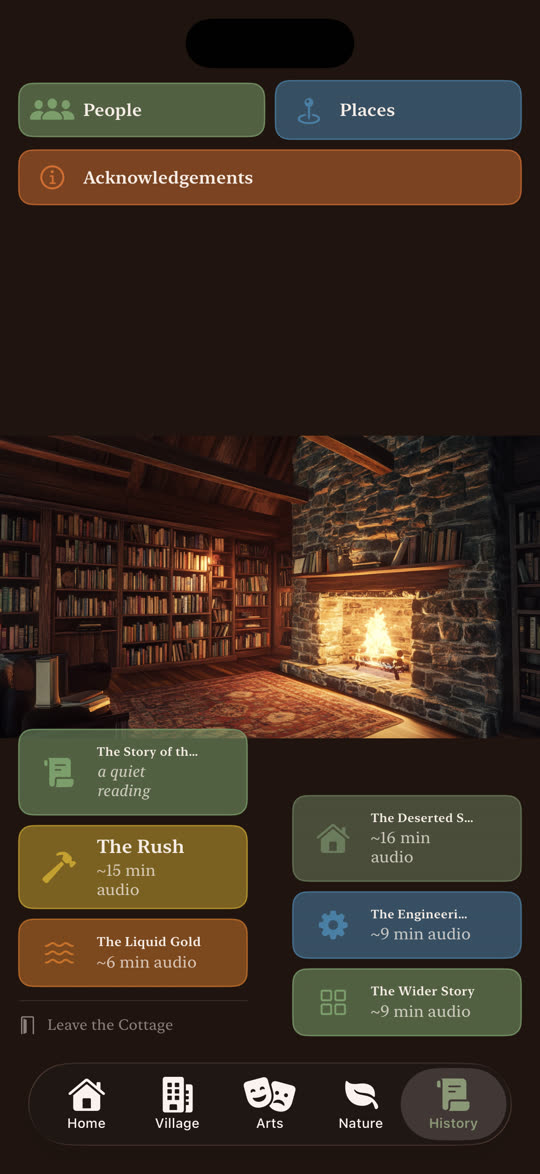 The History library in the Bannockburn App: a candle-lit cottage interior with bookshelves and a stone hearth, above cards for each narrated book with its listening time.