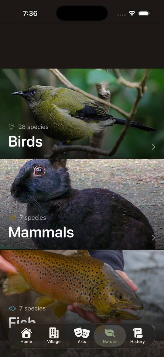 The Nature guide in the Bannockburn App, showing Birds, Mammals and Fish categories with full-bleed photographs and species counts.