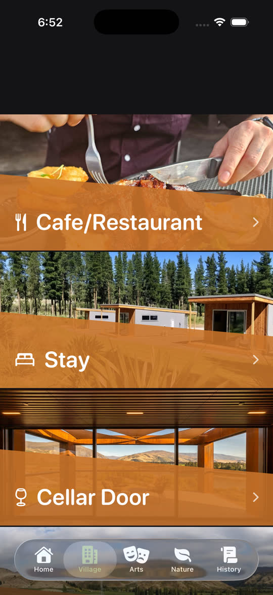 The Village directory in the Bannockburn App, showing Cafe/Restaurant, Stay and Cellar Door categories, each with a photograph.